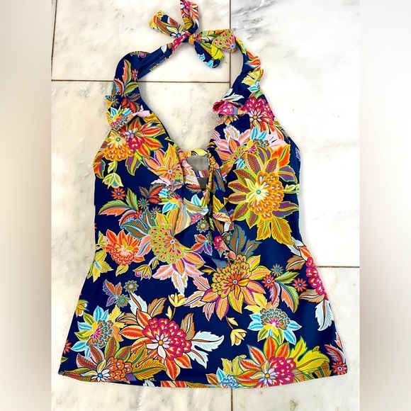 Bleu Rod Beattie Other - Bleu by Rod Beattie, womens 8, tankini top ruffles halter neck floral navy blue